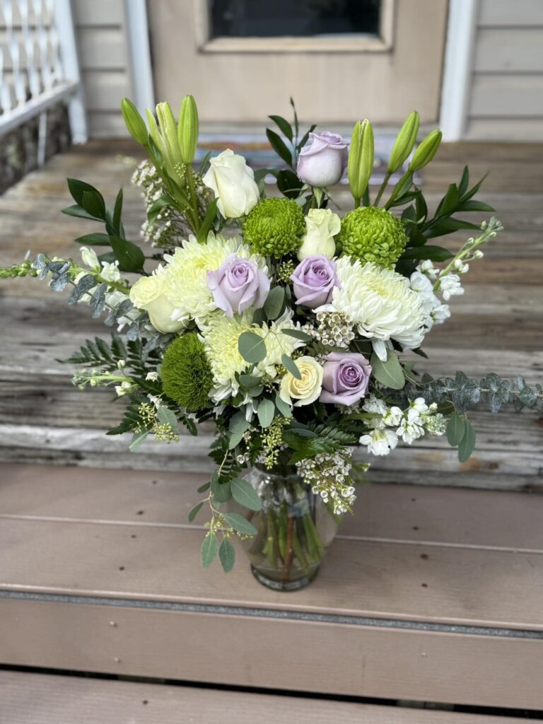 lavender and white floral arrangement